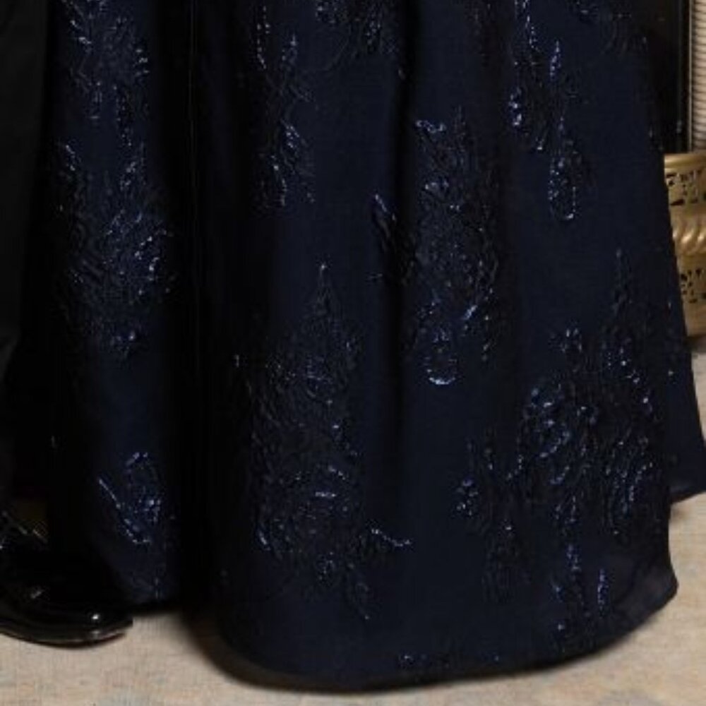 Teri Jon Navy Metallic Jacquard Shirtdress Gown, Size 22, with Floral Print - Picture 3 of 4